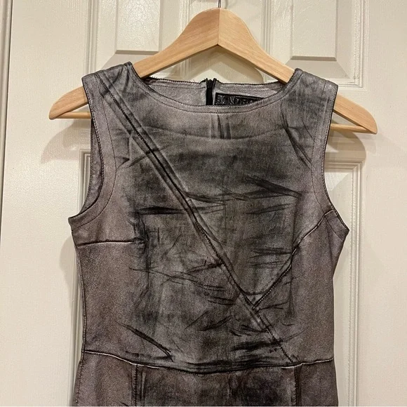 NWOT DROMe 100% Leather Silver Metallic Mini Dress Sleeveless Made in Italy  Women